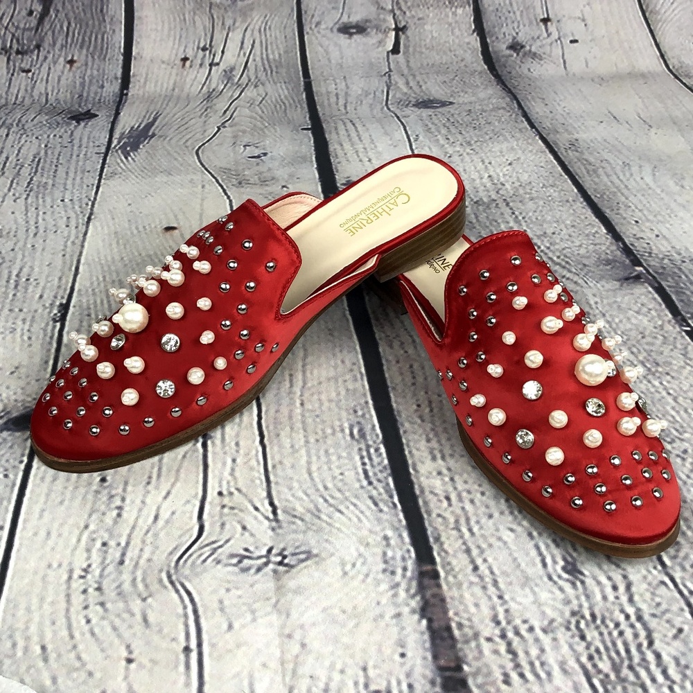 NEW Red Satin Mules With Pearl, Studs and Bling